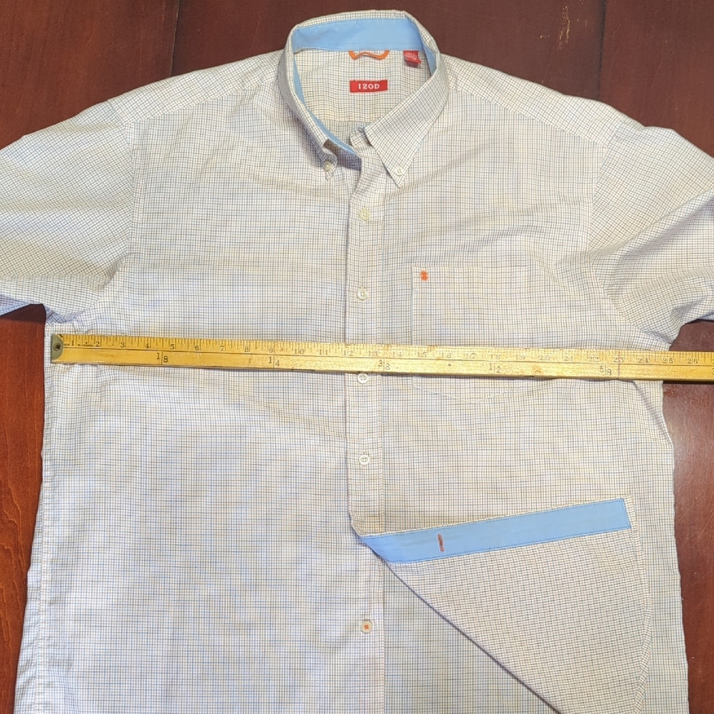 Izod Men's Plaid Sort Sleeve Button Down Shirt - White, Blue And Orange. - Picture 7 of 10